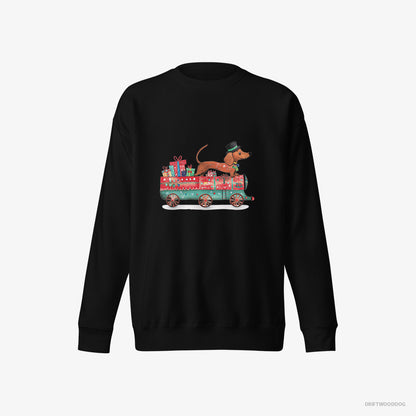 Dachshund Sweatshirt – Men Black Sweatshirt Eco-Friendly – on a Train with Christmas Presents (on White Background)