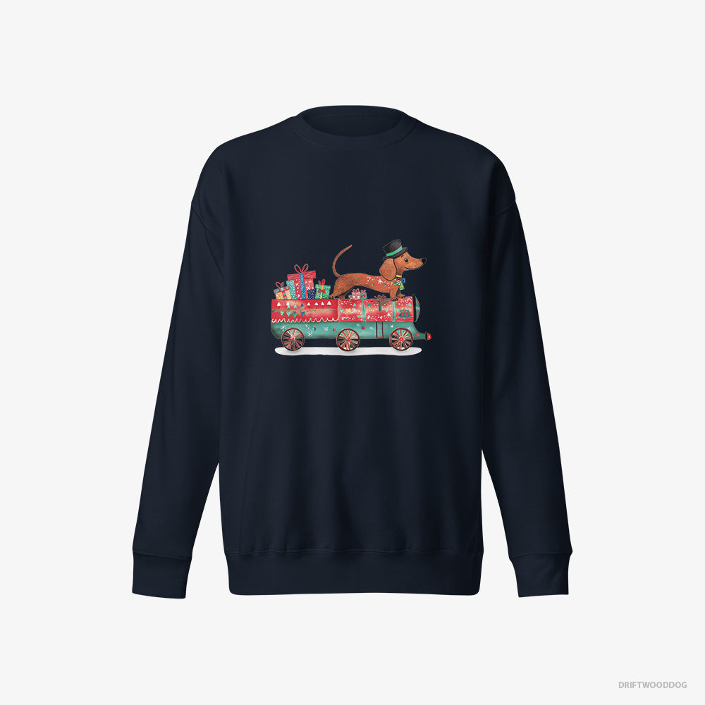 Dachshund Sweatshirt – Women Navy Sweatshirt Eco-Friendly – on a Train with Christmas Presents (on White Background)