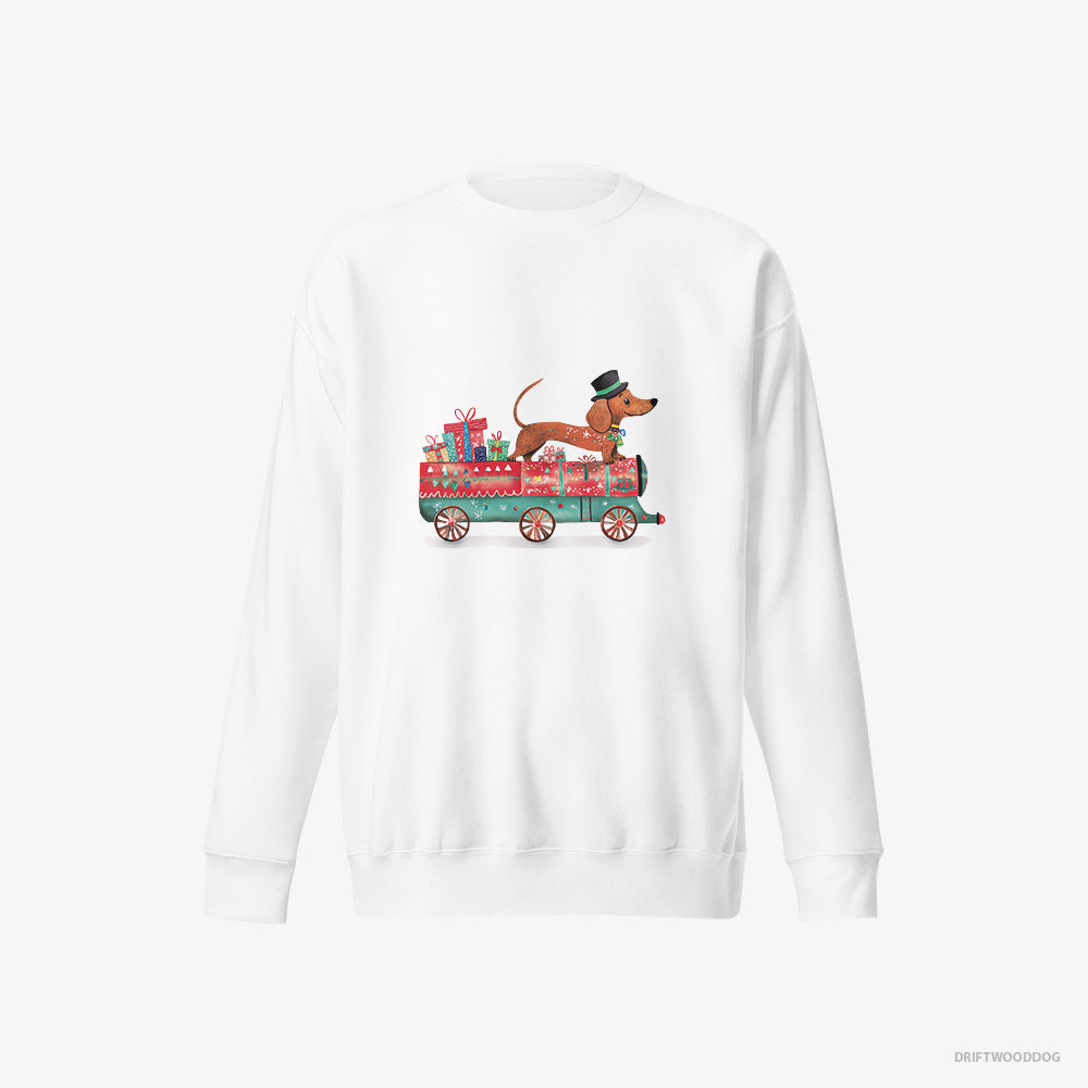 Dachshund Sweatshirt – Men White Sweatshirt Eco-Friendly – on a Train with Christmas Presents (on White Background)