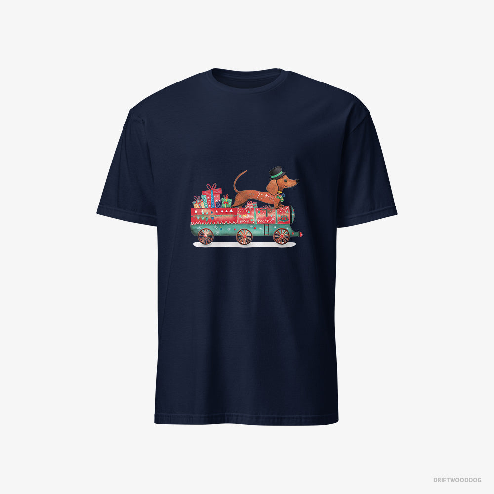 Dachshund T-Shirt – Men Navy T-Shirt Classic – on a Train with Christmas Presents (on White Background)