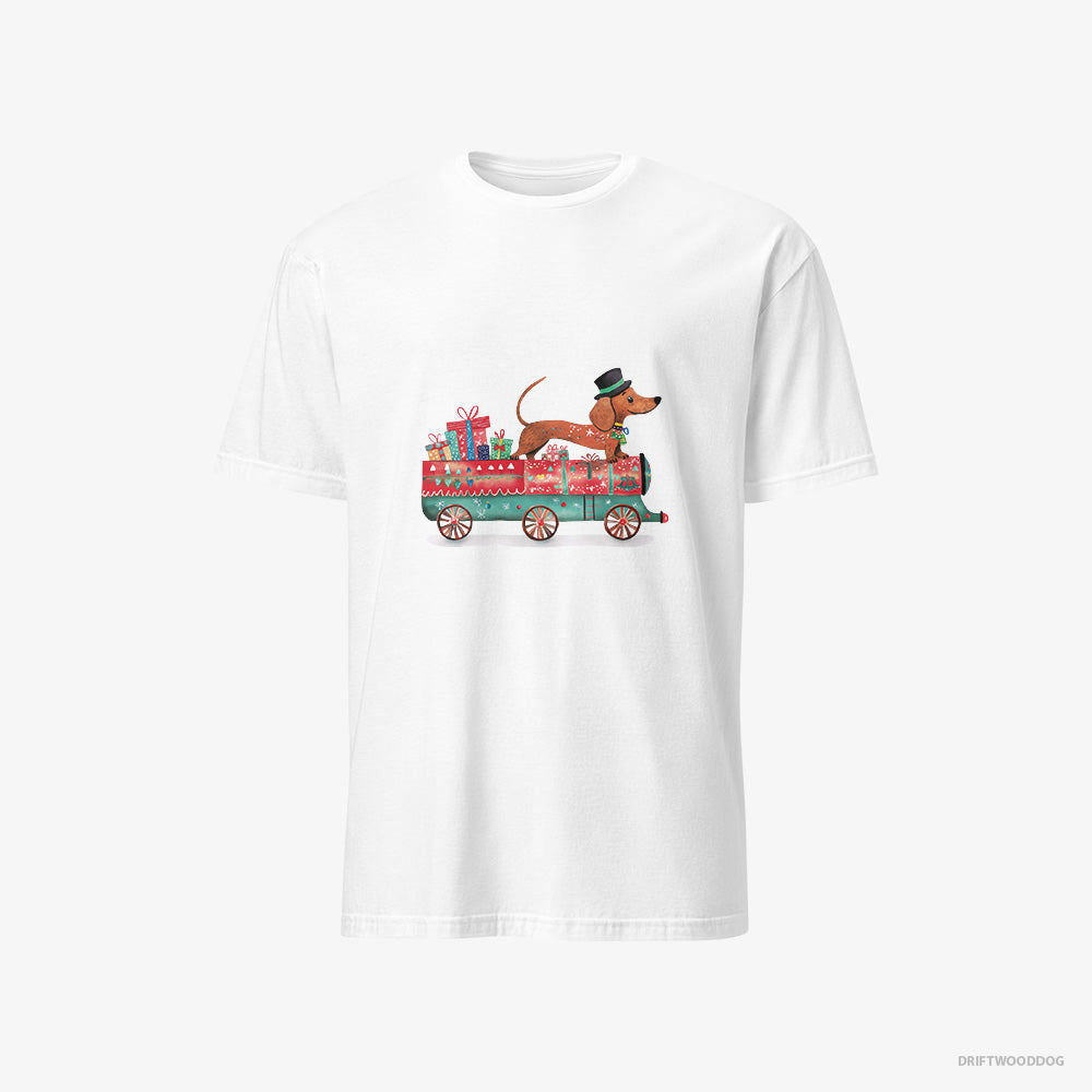 Dachshund T-Shirt – Men White T-Shirt Classic – on a Train with Christmas Presents (on White Background)