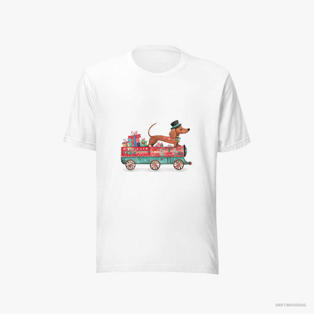 Dachshund T-Shirt – Men White T-Shirt Eco-Friendly – on a Train with Christmas Presents (on White Background)