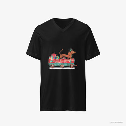 Dachshund T-Shirt – Men Black T-Shirt V-Neck – on a Train with Christmas Presents (on White Background)