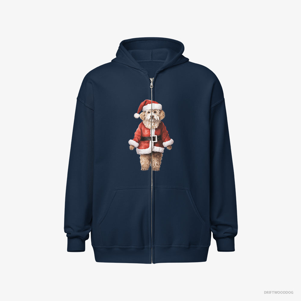 Poodle Hoodie – Men Navy Hoodie Full-Zip – Dressed as Santa (on White Background)