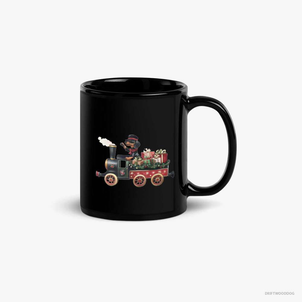 Dachshund Mug – Unisex Black Mug Classic – in Charge of a Christmas Train (on White Background)