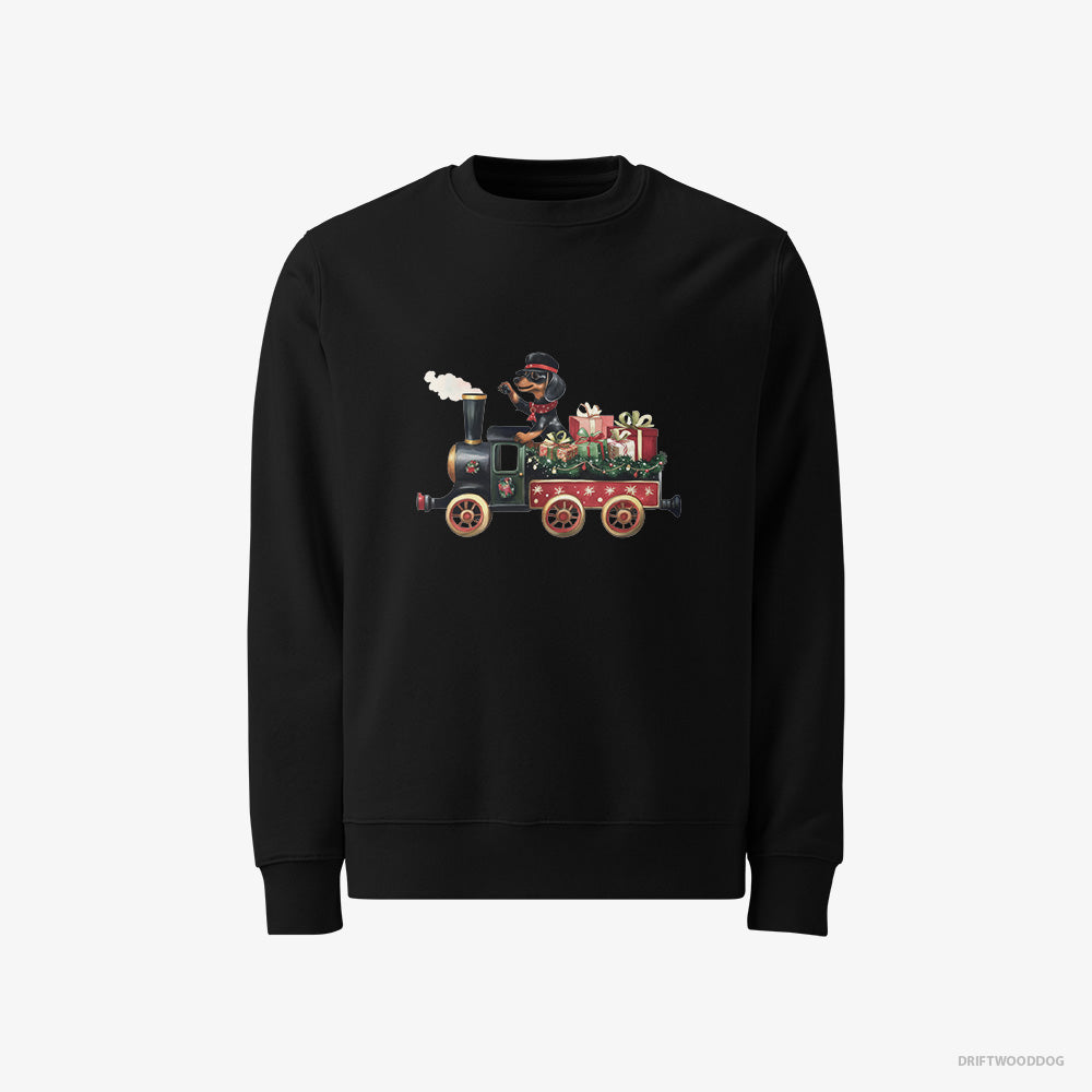 Dachshund Sweatshirt – Men Black Sweatshirt Classic – in Charge of a Christmas Train (on White Background)