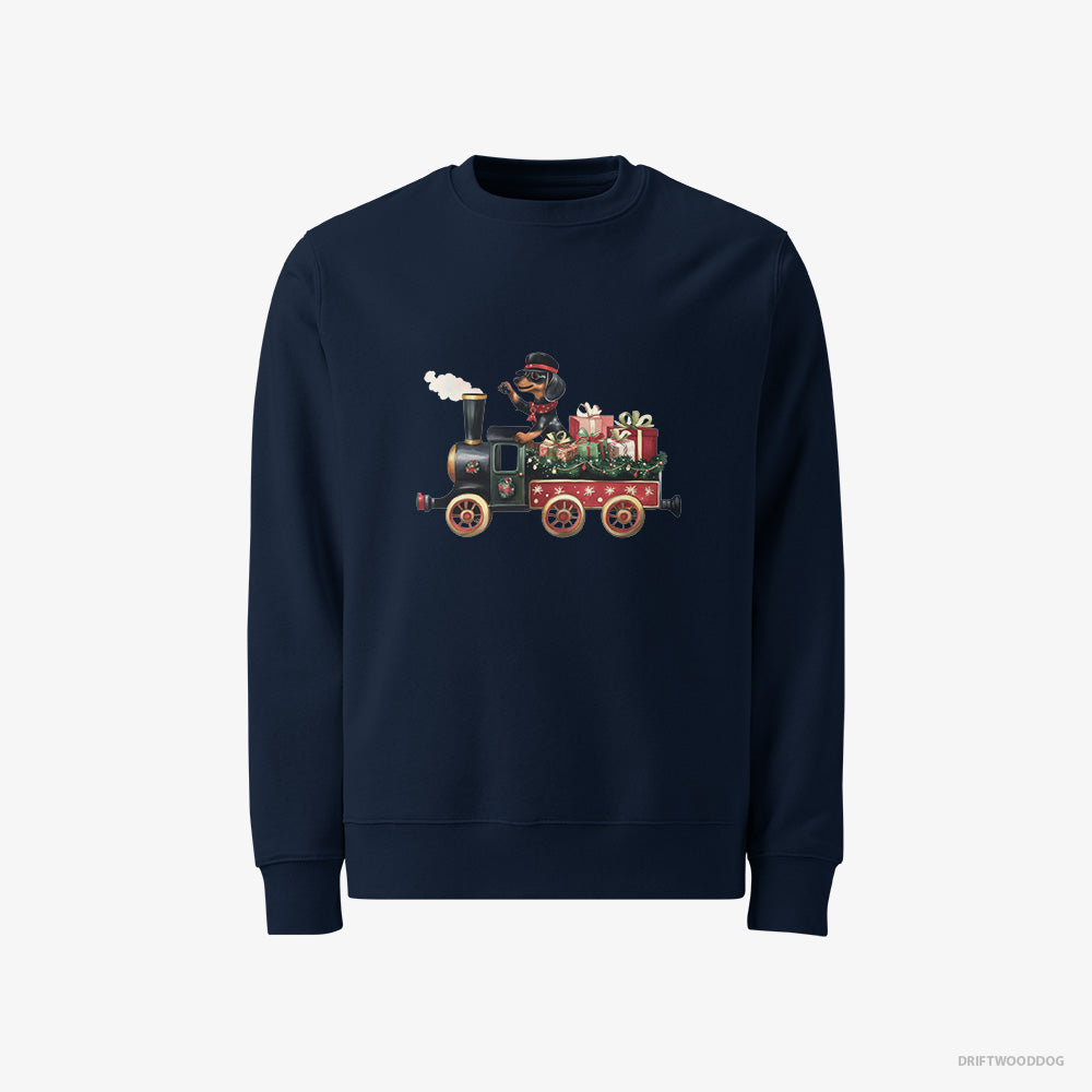 Dachshund Sweatshirt – Men Navy Sweatshirt Classic – in Charge of a Christmas Train (on White Background)