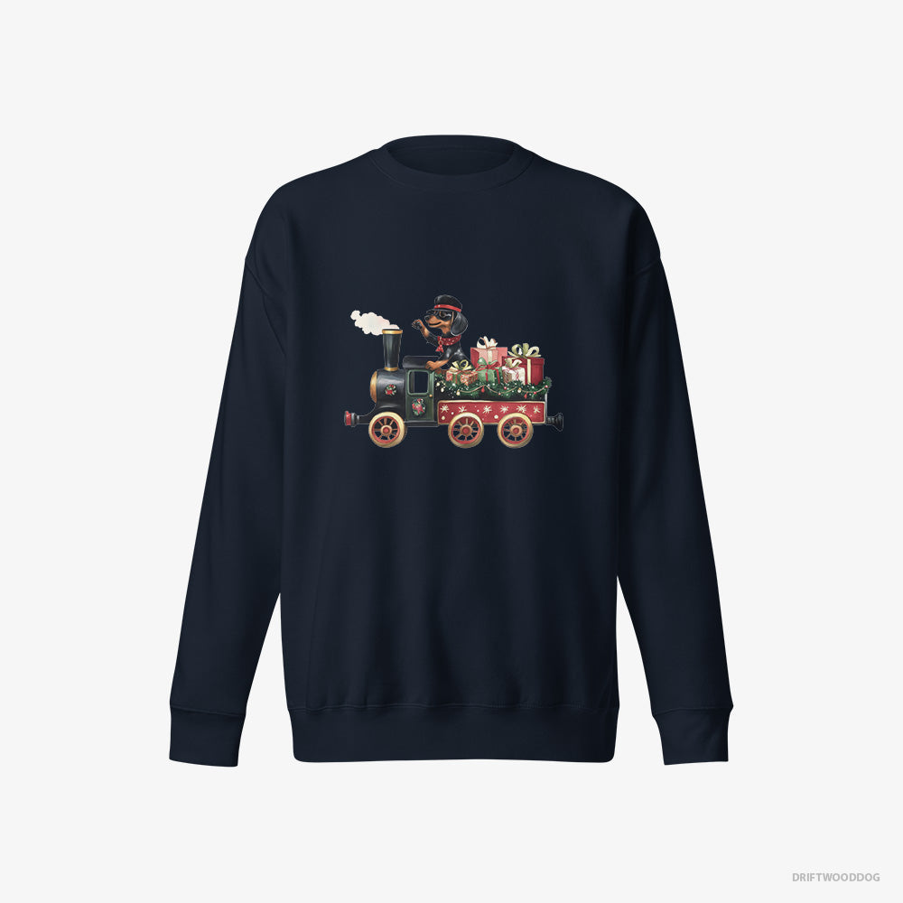 Dachshund Sweatshirt – Women Navy Sweatshirt Eco-Friendly – in Charge of a Christmas Train (on White Background)