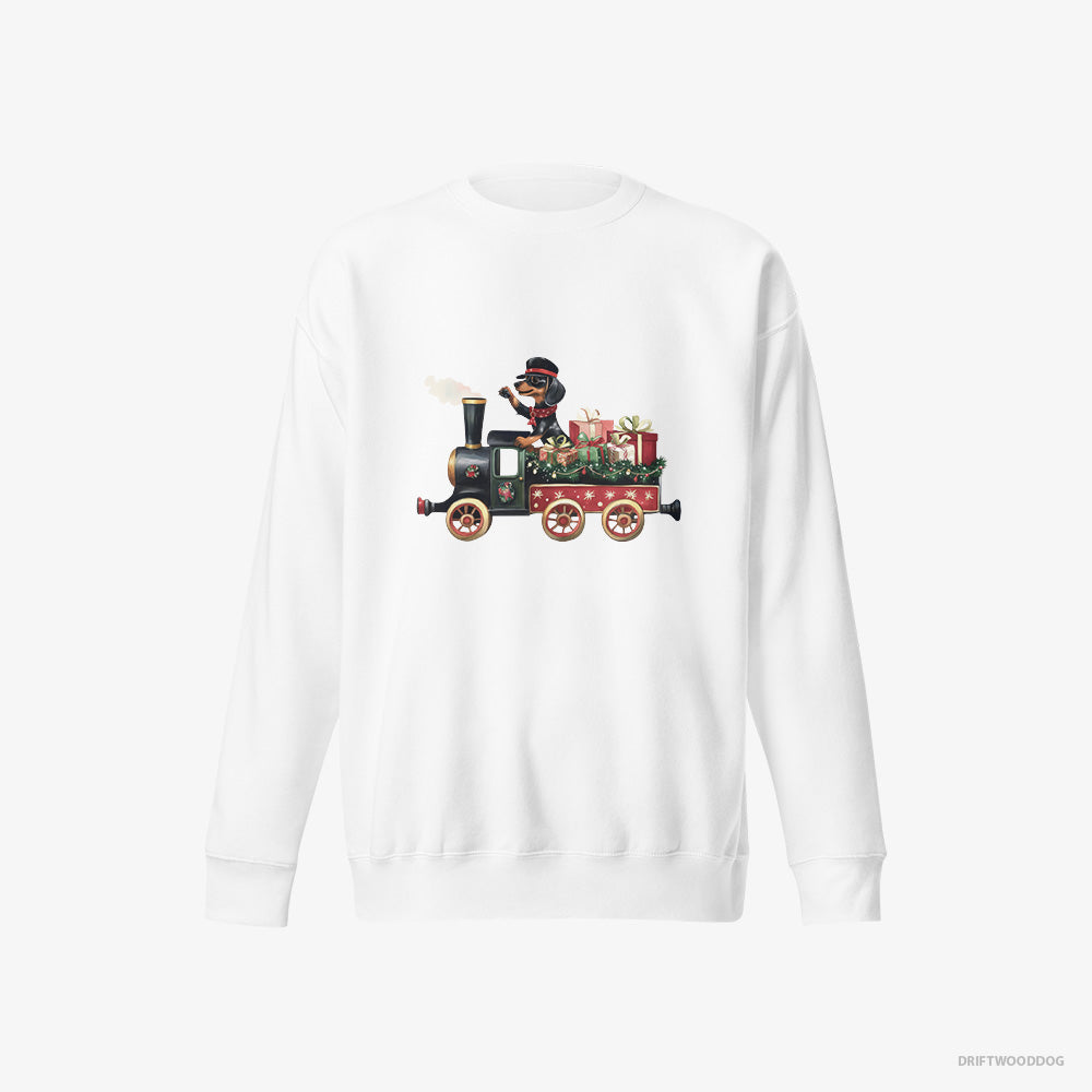 Dachshund Sweatshirt – Men White Sweatshirt Eco-Friendly – in Charge of a Christmas Train (on White Background)