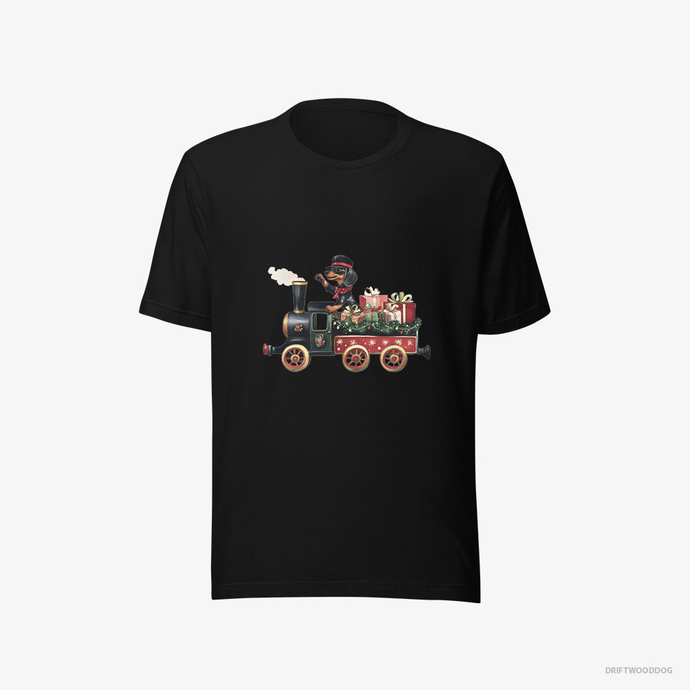 Dachshund T-Shirt – Men Black T-Shirt Eco-Friendly – in Charge of a Christmas Train (on White Background)