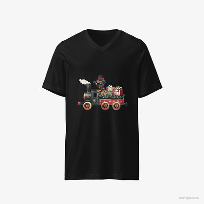 Dachshund T-Shirt – Men Black T-Shirt V-Neck – in Charge of a Christmas Train (on White Background)