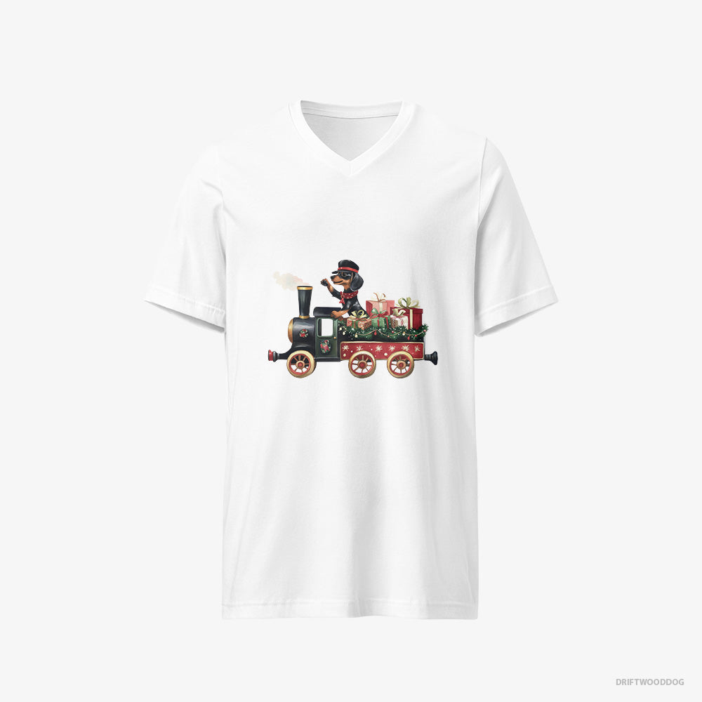 Dachshund in Charge of a Christmas Train V-Neck T-Shirt