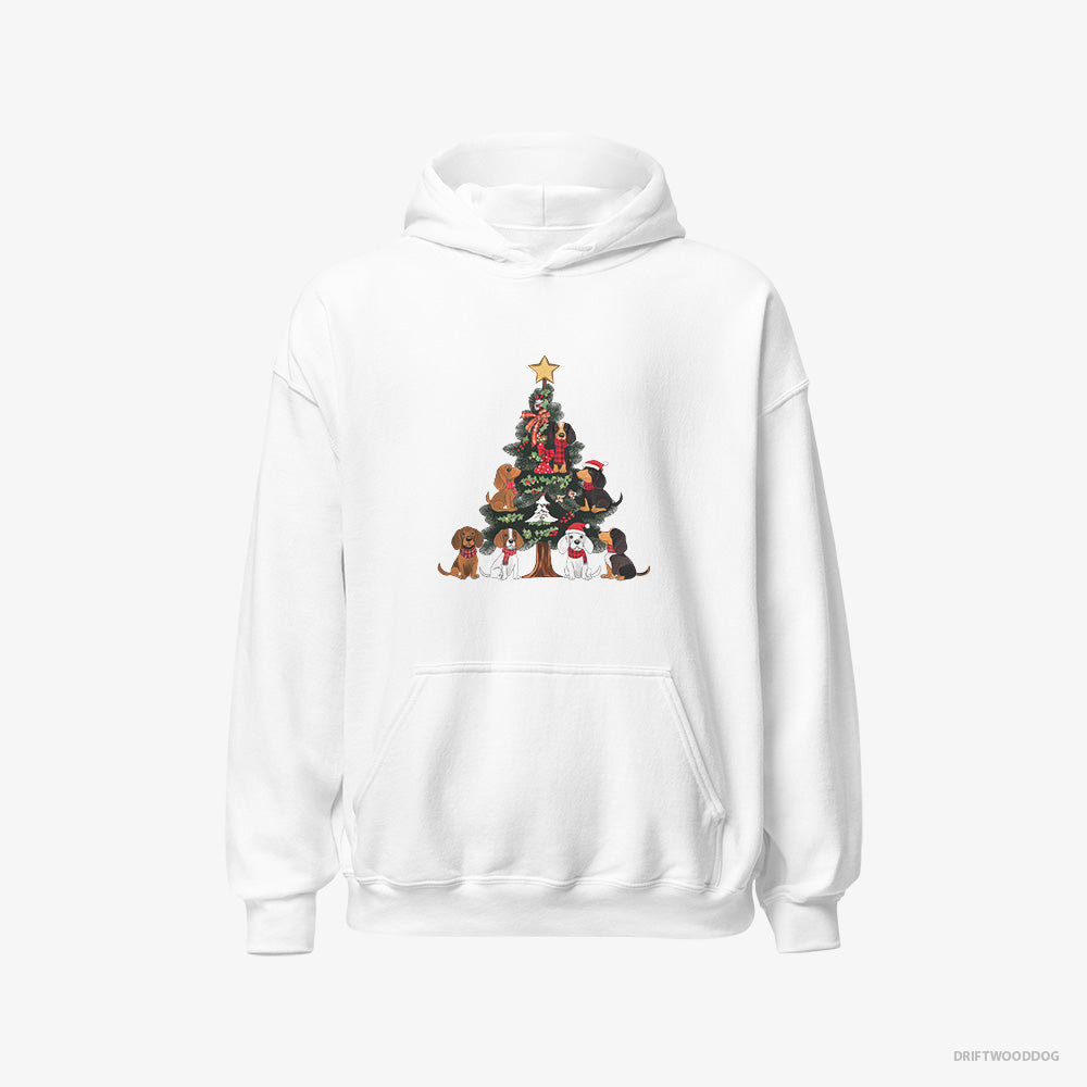 Beagle Hoodie – Men White Hoodie Classic – Puppies All Over the Christmas Tree (on White Background)