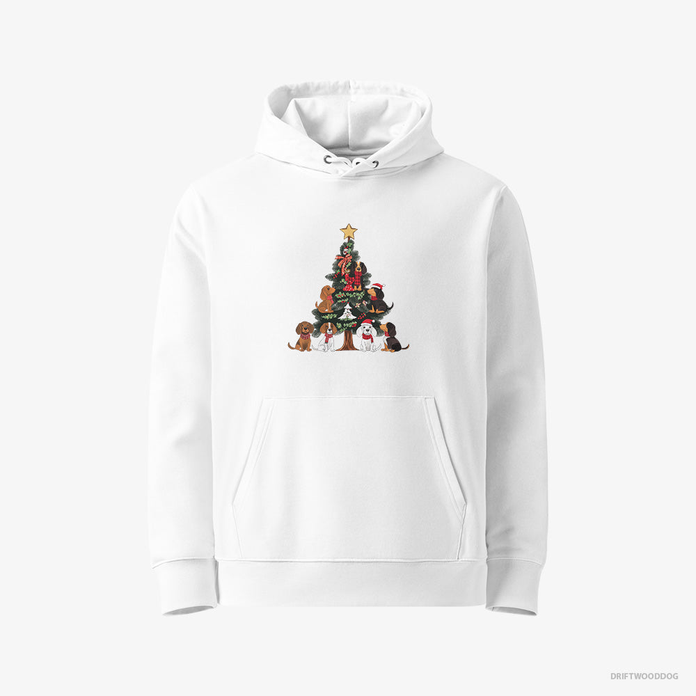 Beagle Hoodie – Women White Hoodie Eco-Friendly – Puppies All Over the Christmas Tree (on White Background)