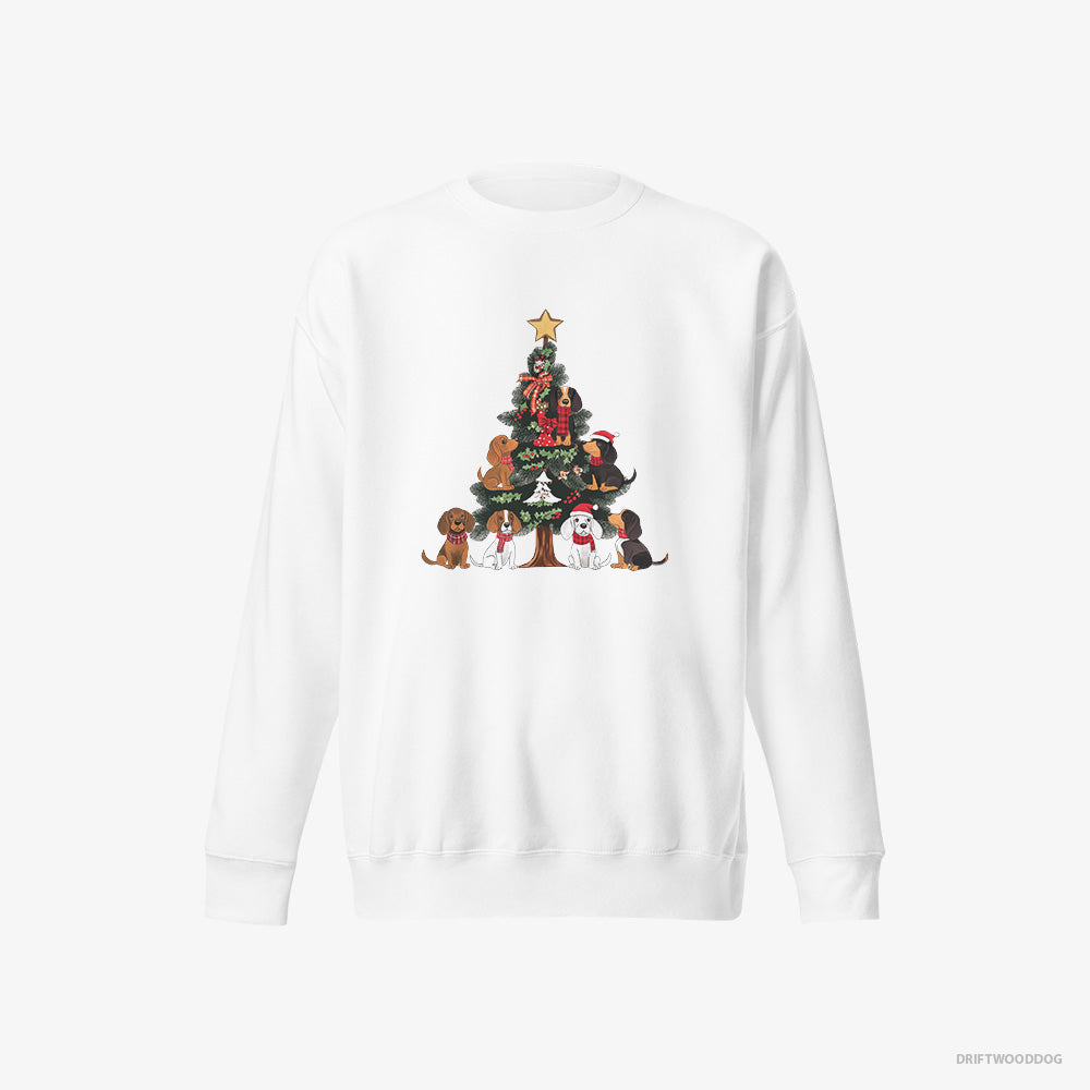 Beagle Sweatshirt – Women White Sweatshirt Eco-Friendly – Puppies All Over the Christmas Tree (on White Background)