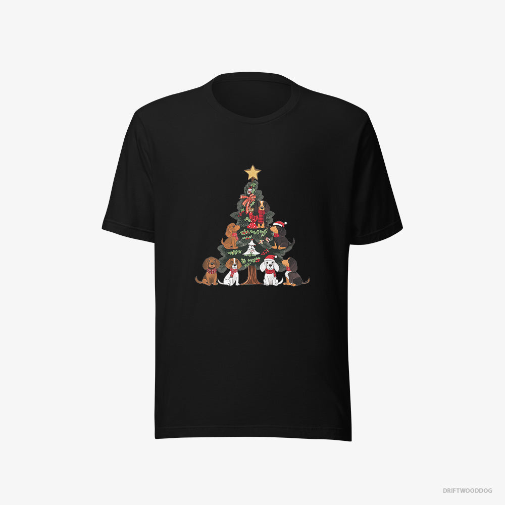 Beagle T-Shirt – Women Black T-Shirt Eco-Friendly – Puppies All Over the Christmas Tree (on White Background)