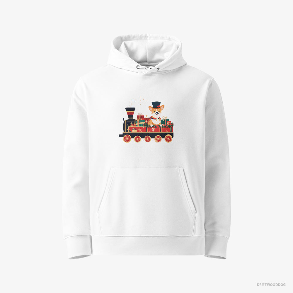 Corgi Hoodie – Women White Hoodie Eco-Friendly – Driving a Train with Christmas Presents (on White Background)