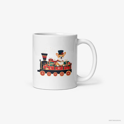 Corgi Driving a Train with Christmas Presents White Mug