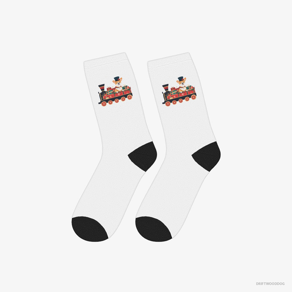 Corgi Socks – Unisex White Socks Classic – Driving a Train with Christmas Presents (on White Background)