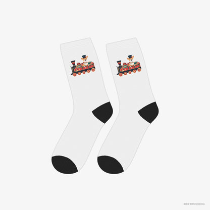 Corgi Socks – Unisex White Socks Classic – Driving a Train with Christmas Presents (on White Background)