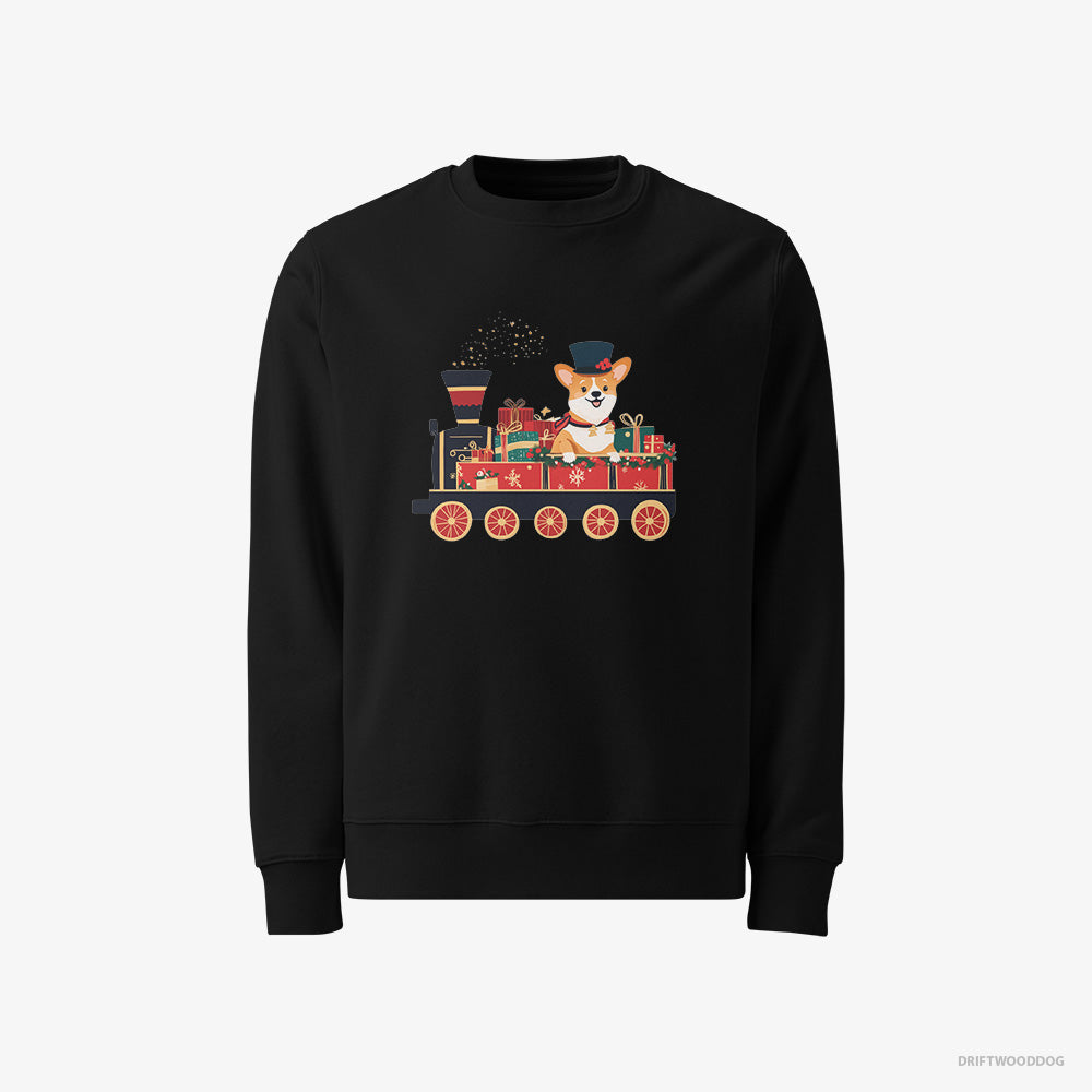 Corgi Sweatshirt – Men Black Sweatshirt Classic – Driving a Train with Christmas Presents (on White Background)