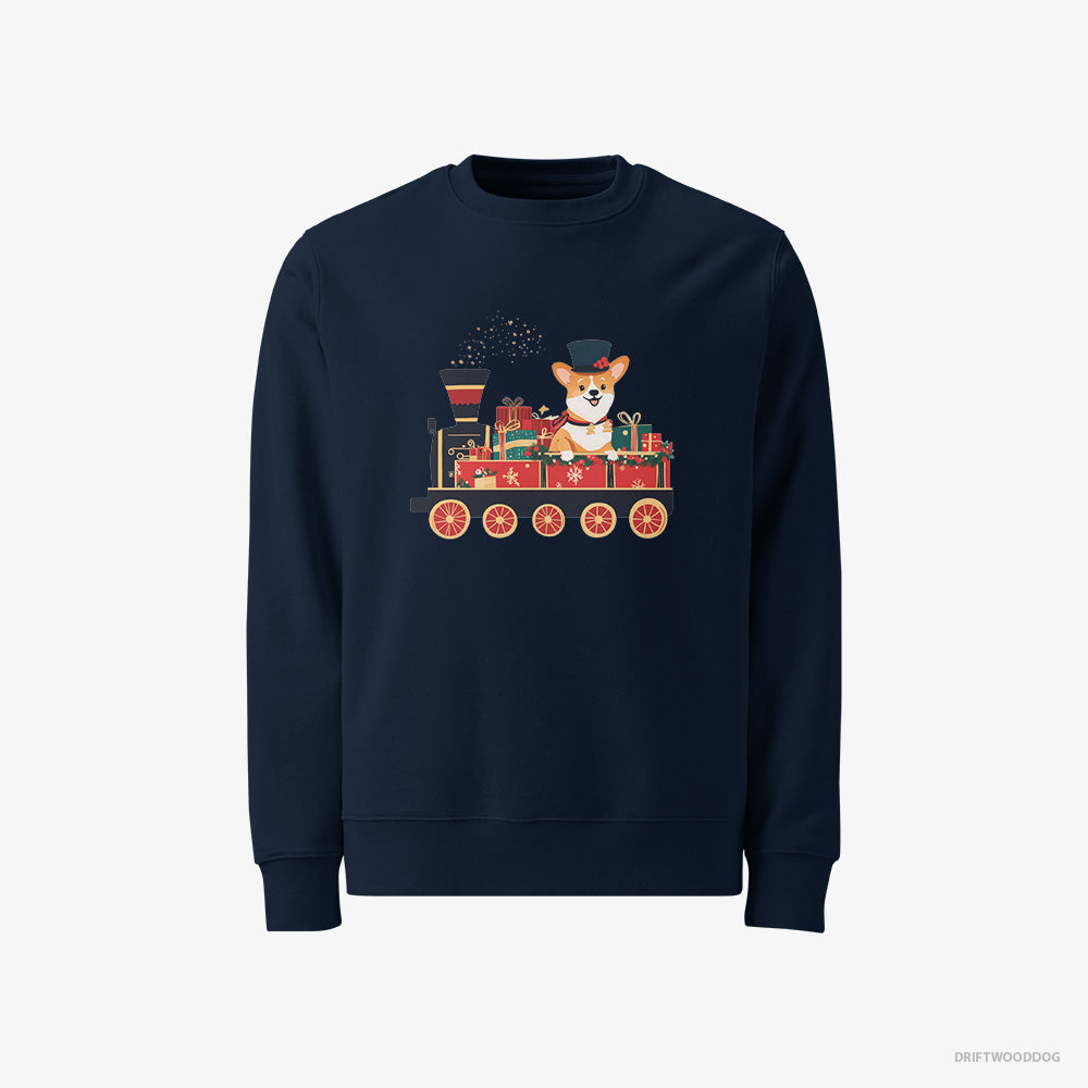 Corgi Sweatshirt – Men Navy Sweatshirt Classic – Driving a Train with Christmas Presents (on White Background)