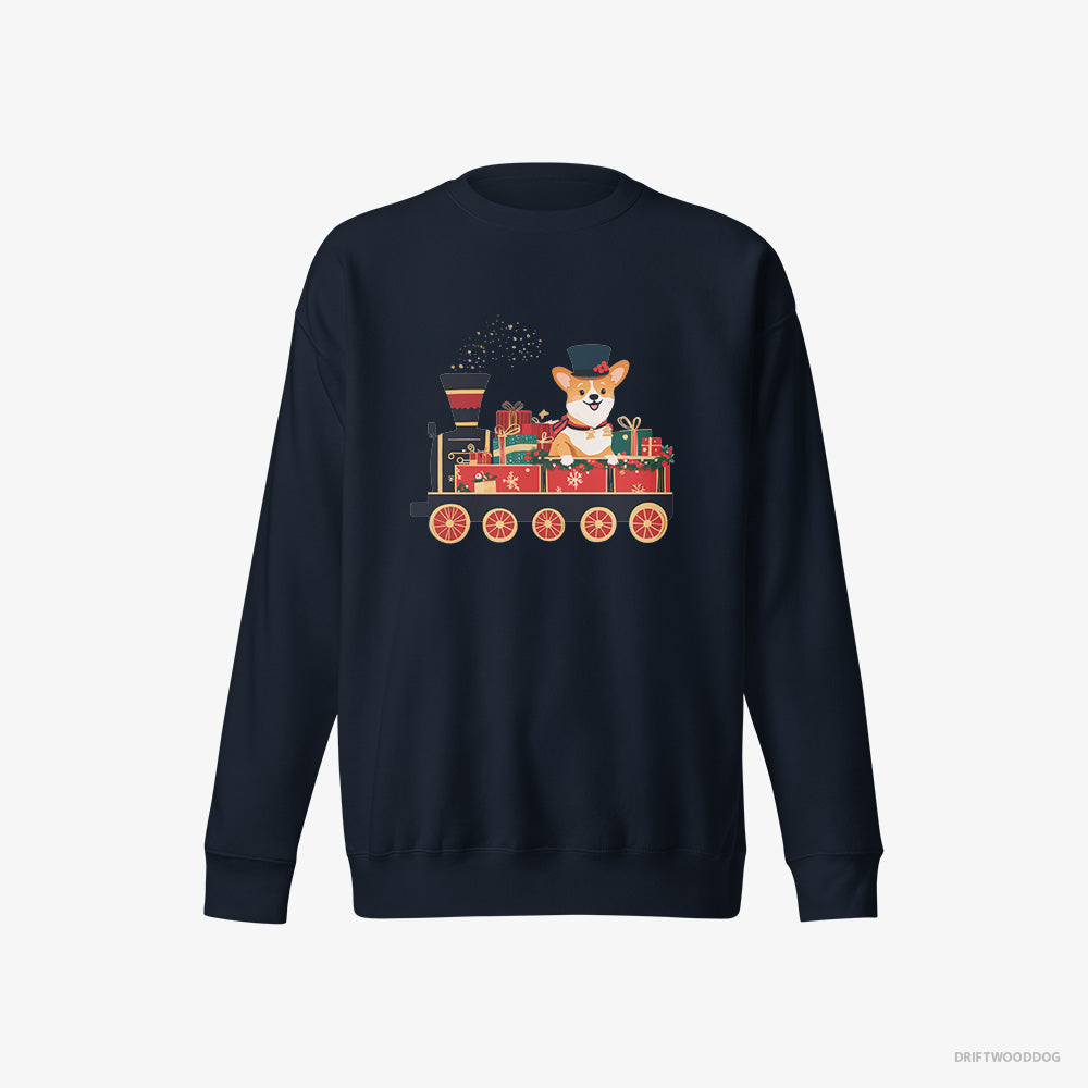 Corgi Sweatshirt – Women Navy Sweatshirt Eco-Friendly – Driving a Train with Christmas Presents (on White Background)