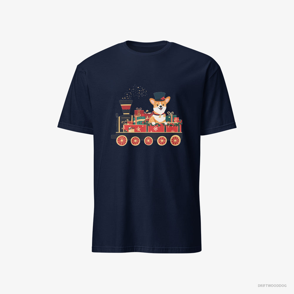 Corgi T-Shirt – Men Navy T-Shirt Classic – Driving a Train with Christmas Presents (on White Background)