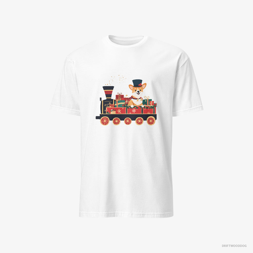 Corgi T-Shirt – Men White T-Shirt Classic – Driving a Train with Christmas Presents (on White Background)