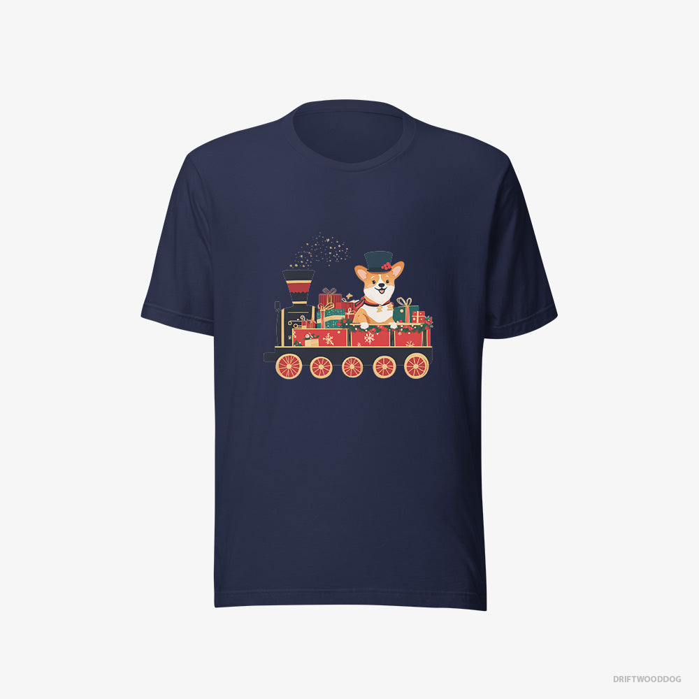 Corgi T-Shirt – Men Navy T-Shirt Eco-Friendly – Driving a Train with Christmas Presents (on White Background)