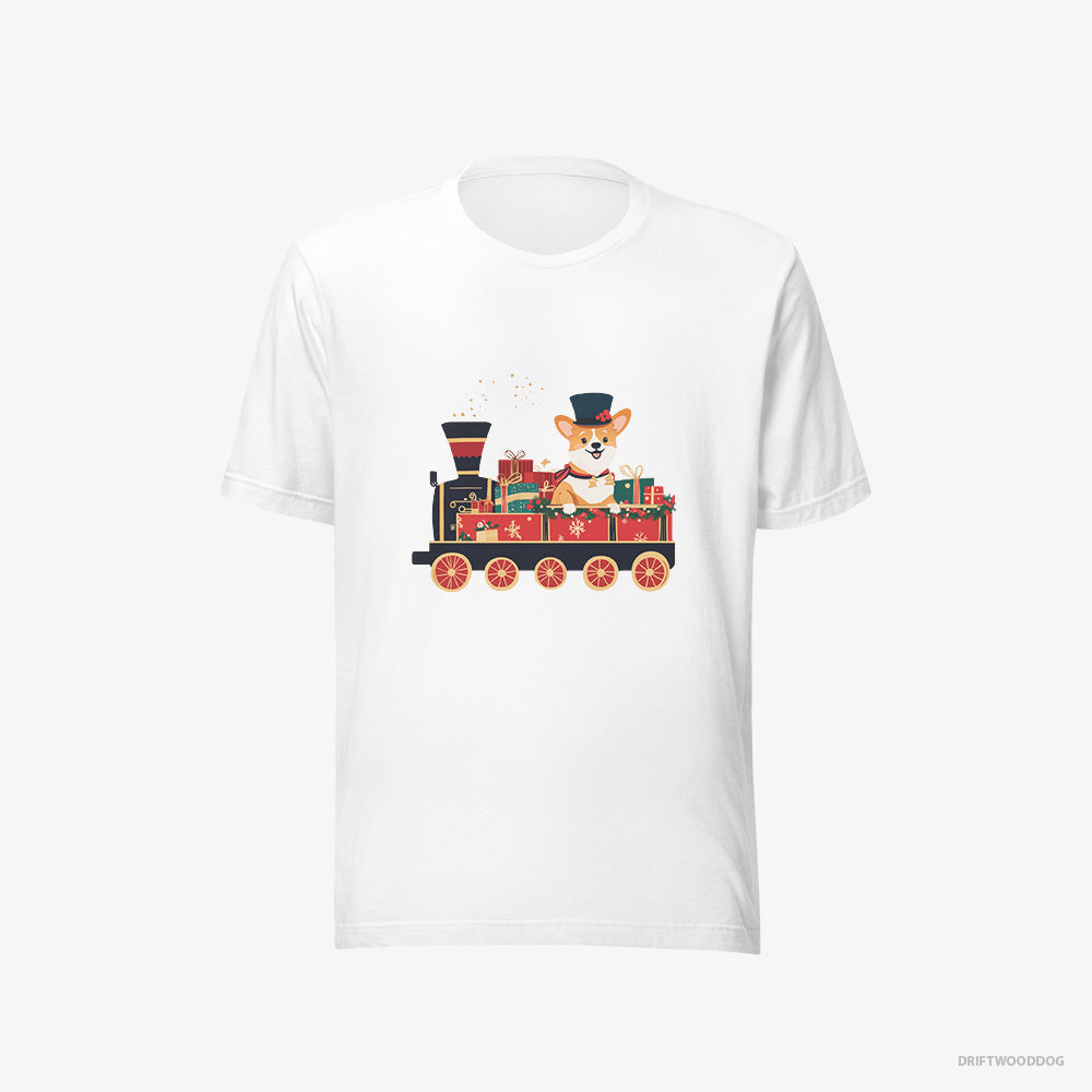 Corgi T-Shirt – Men White T-Shirt Eco-Friendly – Driving a Train with Christmas Presents (on White Background)