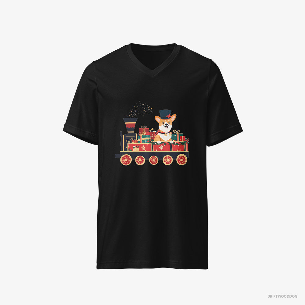 Corgi T-Shirt – Men Black T-Shirt V-Neck – Driving a Train with Christmas Presents (on White Background)