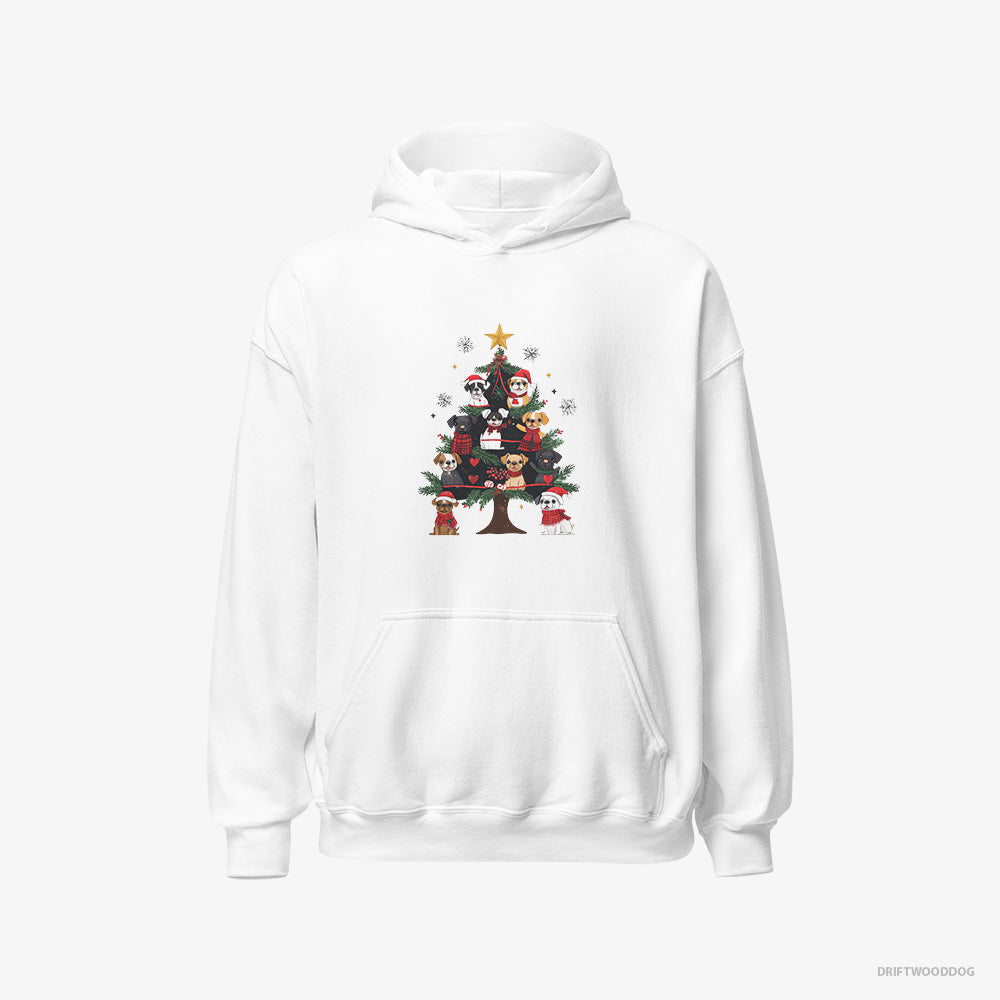 French Bulldog Hoodie – Men White Hoodie Classic – Puppies on Every Christmas Tree Branch (on White Background)