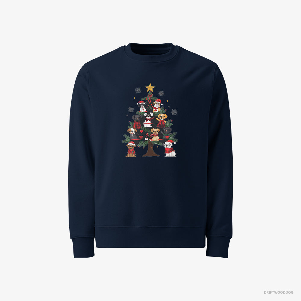 French Bulldog Sweatshirt – Men Navy Sweatshirt Classic – Puppies on Every Christmas Tree Branch (on White Background)