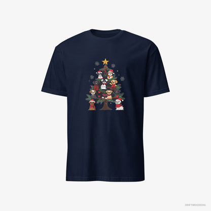 French Bulldog T-Shirt – Men Navy T-Shirt Classic – Puppies on Every Christmas Tree Branch (on White Background)