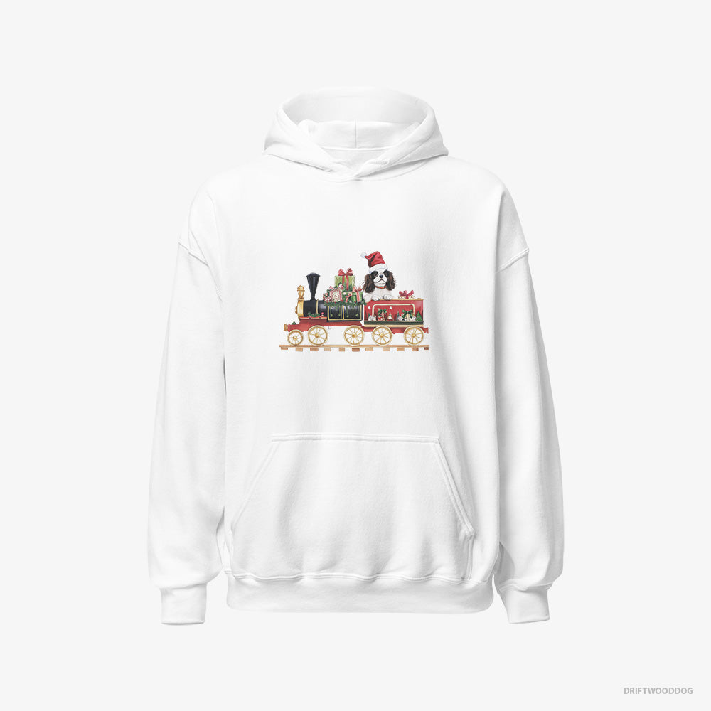 Cavalier King Charles Spaniel Hoodie – Men White Hoodie Classic – Running a Train with Gifts (on White Background)