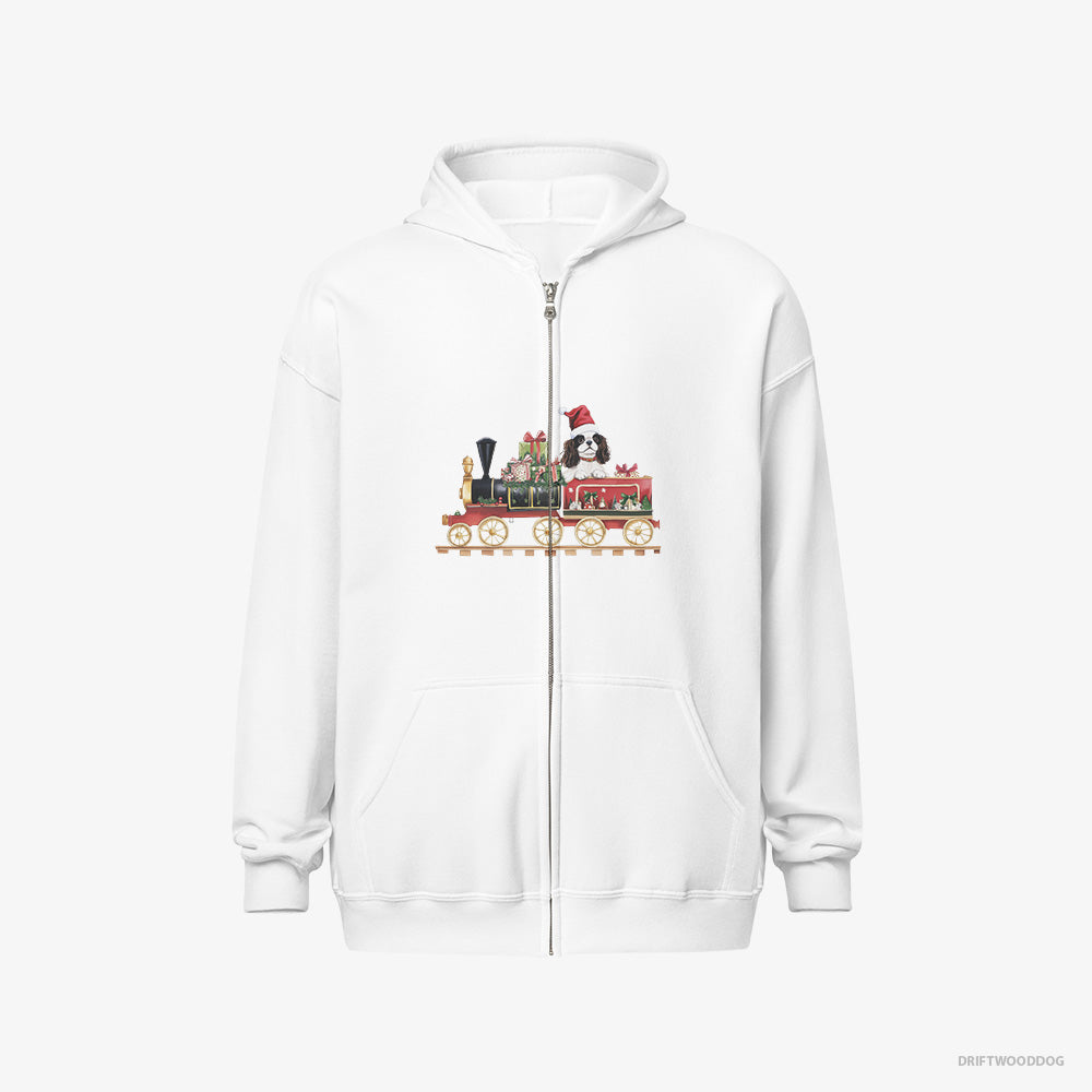 Cavalier King Charles Spaniel Hoodie – Men White Hoodie Full-Zip – Running a Train with Gifts (on White Background)