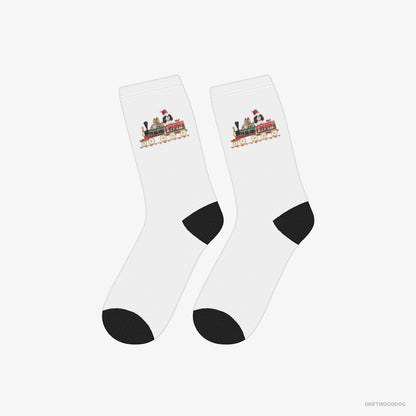 Cavalier King Charles Spaniel Socks – Unisex White Socks Classic – Running a Train with Gifts (on White Background)