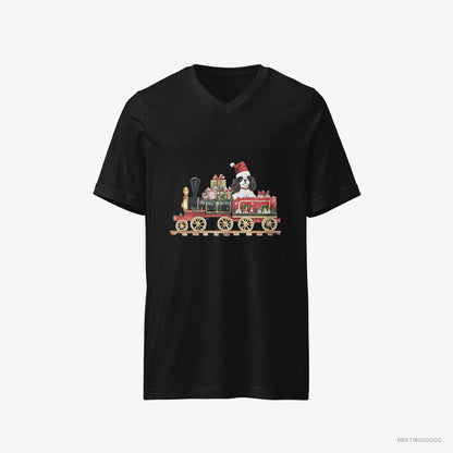 Cavalier King Charles Spaniel T-Shirt – Men Black T-Shirt V-Neck – Running a Train with Gifts (on White Background)