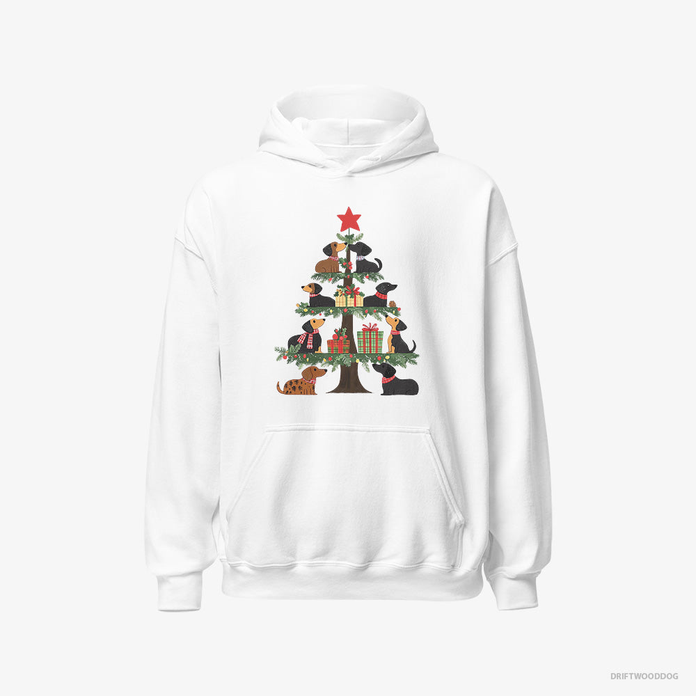 Dachshund Hoodie – Men White Hoodie Classic – Puppies Playing on the Christmas Tree (on White Background)