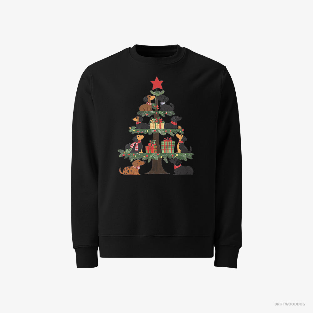 Dachshund Sweatshirt – Men Black Sweatshirt Classic – Puppies Playing on the Christmas Tree (on White Background)