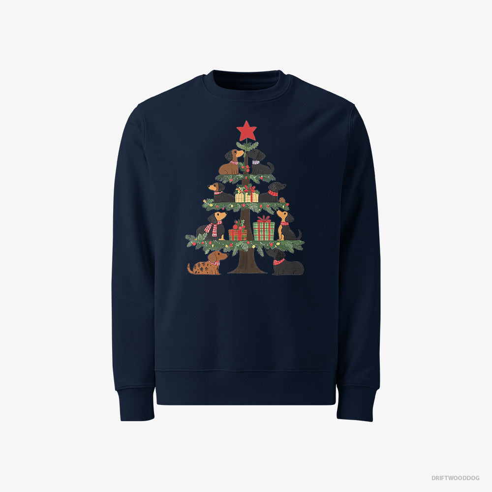 Dachshund Sweatshirt – Men Navy Sweatshirt Classic – Puppies Playing on the Christmas Tree (on White Background)