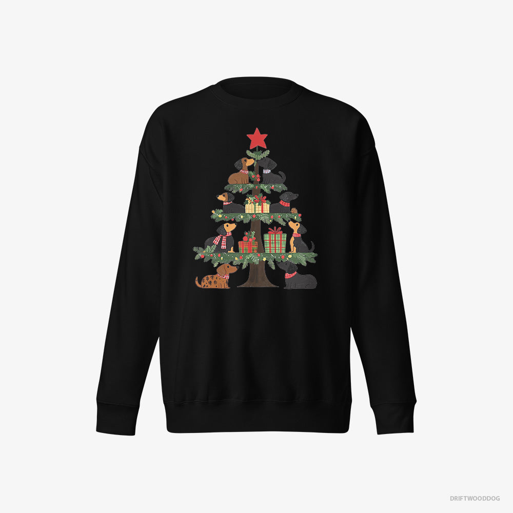 Dachshund Sweatshirt – Men Black Sweatshirt Eco-Friendly – Puppies Playing on the Christmas Tree (on White Background)