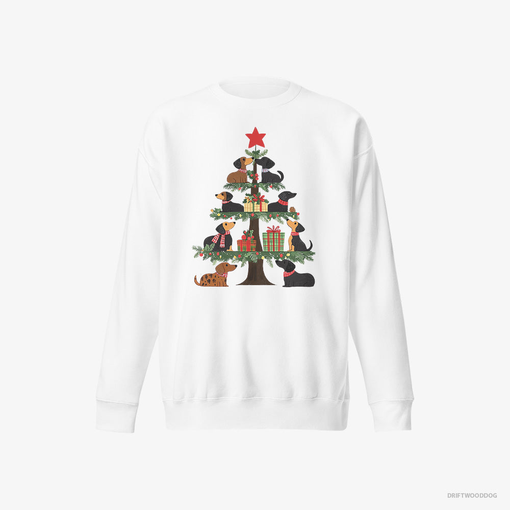 Dachshund Sweatshirt – Men White Sweatshirt Eco-Friendly – Puppies Playing on the Christmas Tree (on White Background)