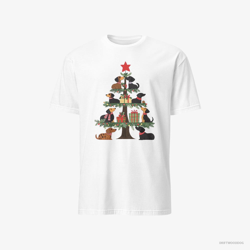 Dachshund T-Shirt – Men White T-Shirt Classic – Puppies Playing on the Christmas Tree (on White Background)