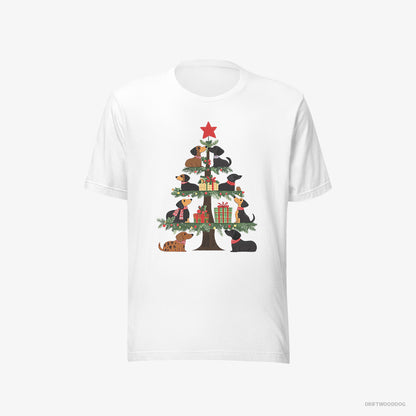 Dachshund T-Shirt – Women White T-Shirt Eco-Friendly – Puppies Playing on the Christmas Tree (on White Background)