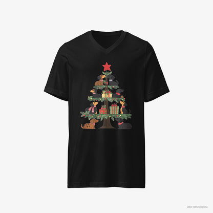 Dachshund T-Shirt – Men Black T-Shirt V-Neck – Puppies Playing on the Christmas Tree (on White Background)