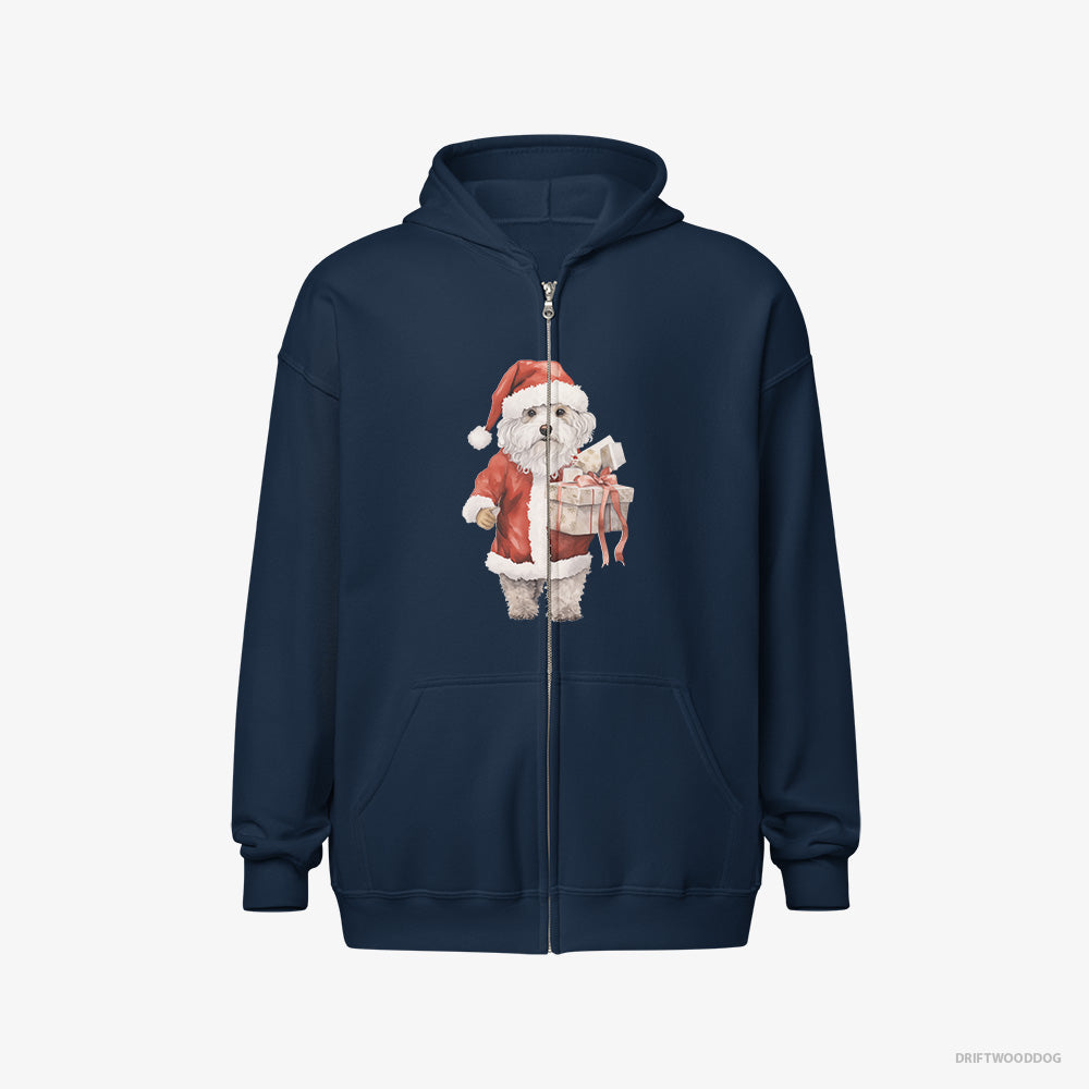 Poodle Hoodie – Men Navy Hoodie Full-Zip – in a Santa Costume (on White Background)