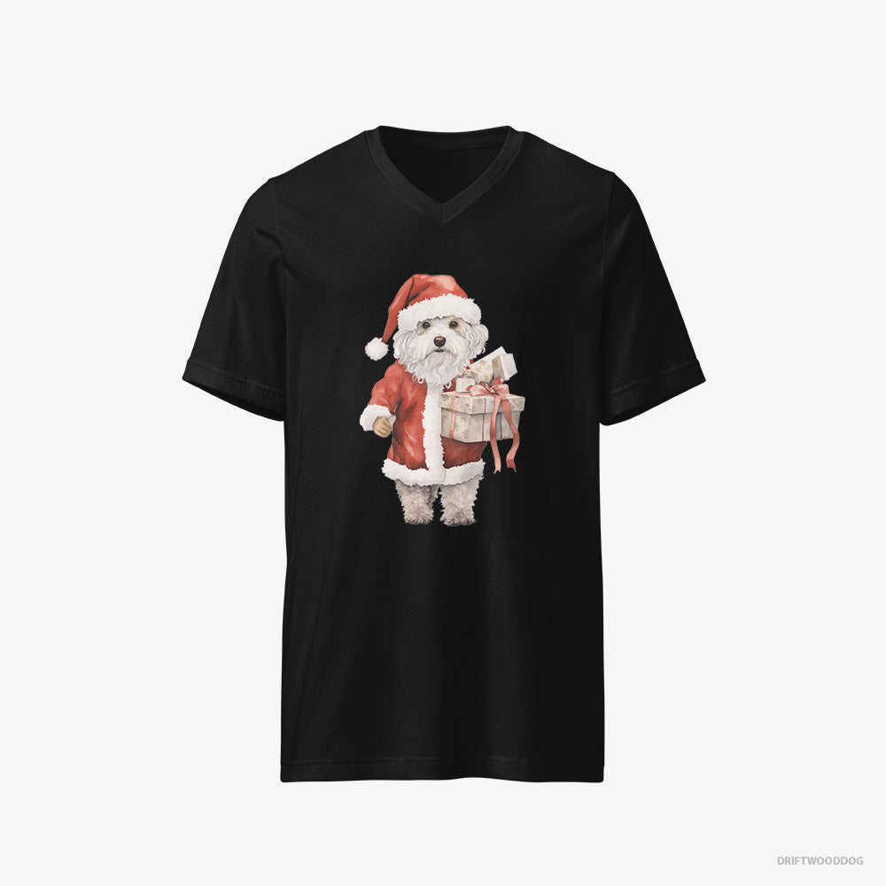 Poodle T-Shirt – Men Black T-Shirt V-Neck – in a Santa Costume (on White Background)