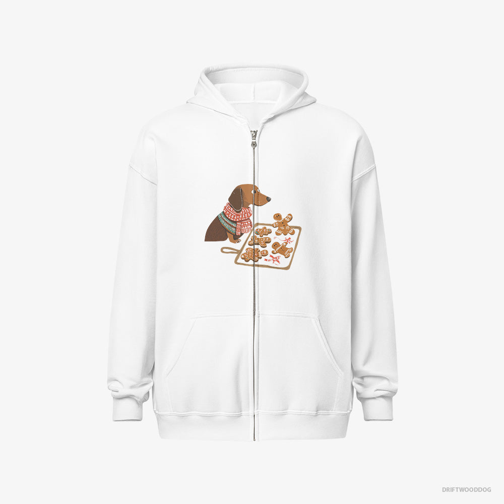 Dachshund Hoodie – Women White Hoodie Full-Zip – Baking Christmas Cookies (on White Background)